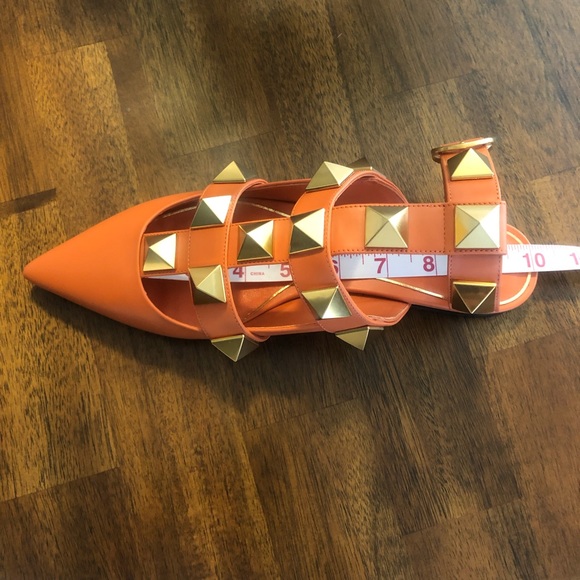 NIB $1100 VALENTINO Roman Stud Ankle-cuff Leather Ballerinas In Orange Zest 37.5 - Picture 10 of 16